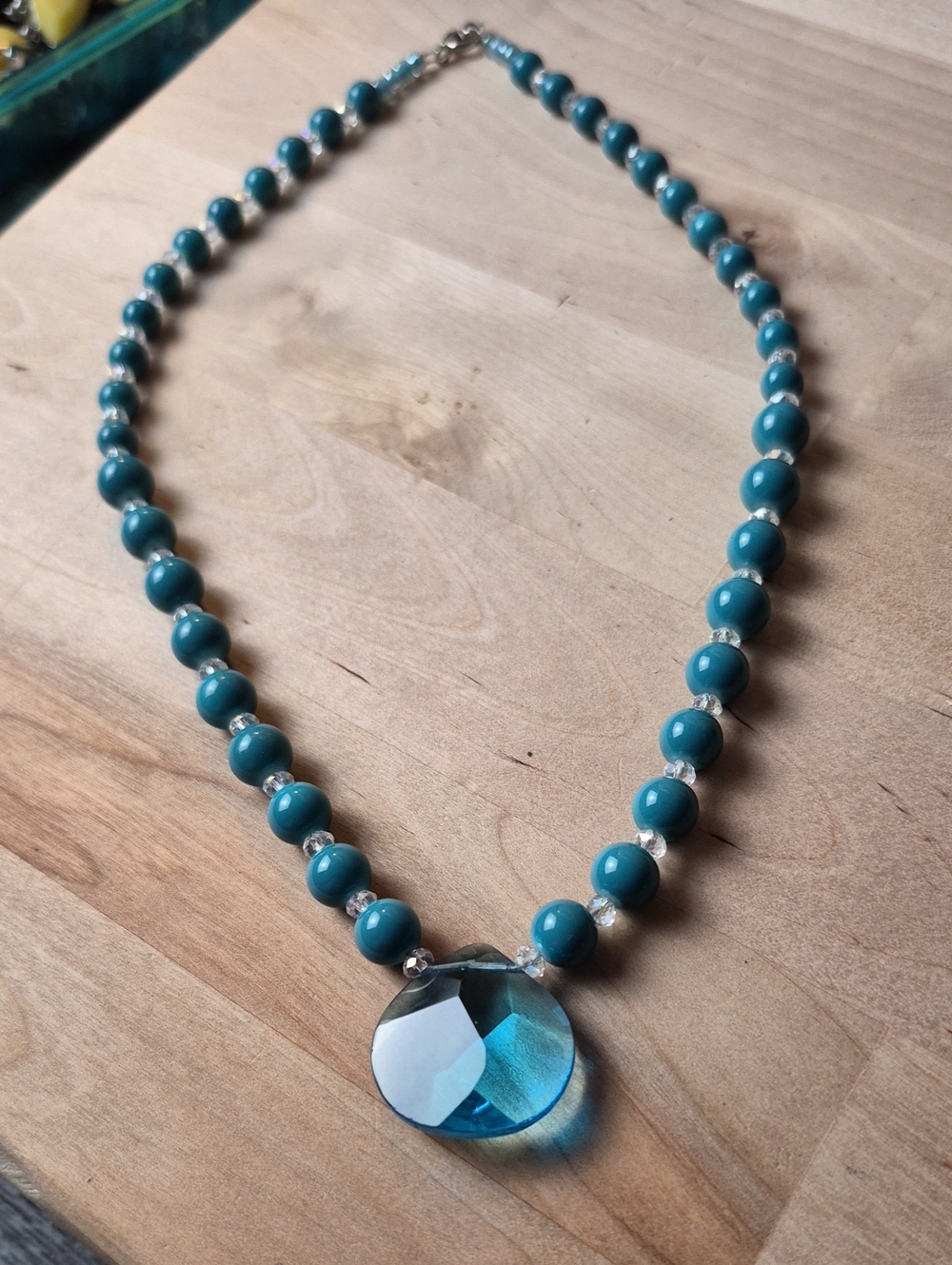 Teal Beaded Necklace with Blue Crystal Pendant - Women Jewelry
